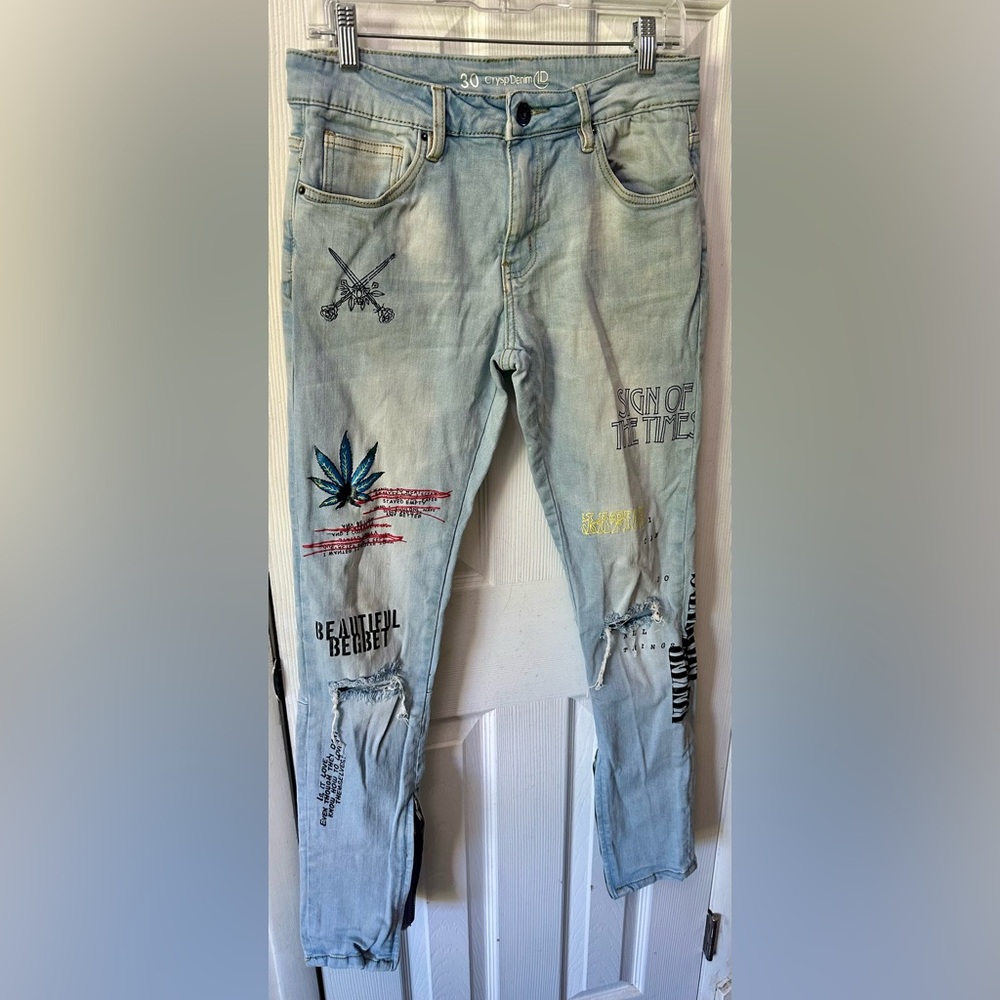 Crysp Denim Distressed Graffiti Jeans, 30